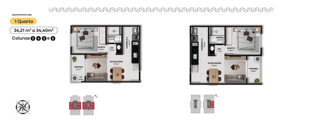 Planta do apartamento de 1 quarto